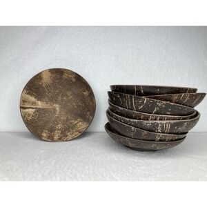 Handmade Thailand Coconut Shell Dinner Plate Set of 8 Natural Boho Rustic Eco